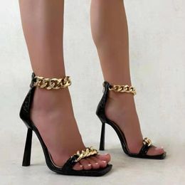 2023 High-heeled Fashion Line with High-heeled Sandals Chain Square-toe Open-toe Womens Shoes Show Large Shoes