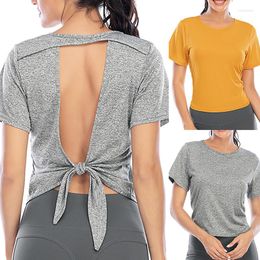 Active Shirts Sexy Backless Tie Bow Knot Yoga T Shirt Women Gym Fitness Blouse Quick Dry Running Short Sleeve Back Hollow Sportswear