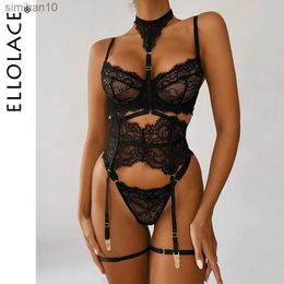 Briefs Panties Ellolace Underwear Sexy Lingerie 3-Pieces Transparent Bra Lace Suit Sexy Garter Belt With Stockings Woman Erotic Intimate L230518