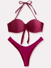 2023 Women's New Sexy Leopard Red Push Up G-string Pants Bikini Set Two Summer Beach Swimwear P230530