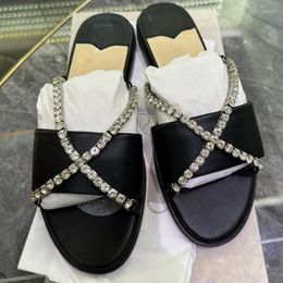 JC Jimmynessity Choo Flat Best-quality Slippers Chain Cross Rhinestone for Women Designer Summer 2023 Open Toe Beach Shoes Ladies Black Pantuflas White Chinelos