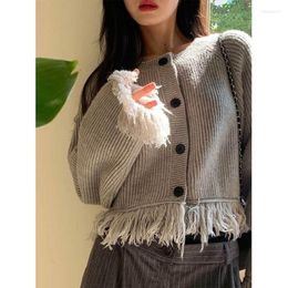 Women's Knits Vintage Simple O Neck Gradient Striped Sweaters Women Cropped Tassel Cardigans Jumpers Knit Coat Sueters Mujer Pull