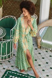 Casual Dresses Vintage Chic Long Dress Full Sleeve Rayon Cotton Maxi Vestidos Women V-neck Lace-up Tassel Party Kaftan Mujer