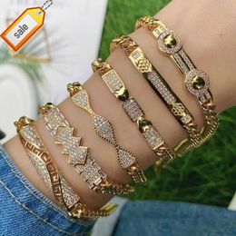 Luxury Gold Cuban Link Chain Bracelet Gold Plated Punk Style Chunky Micro Cubic Zircon Charm Connector Bracelets For Women