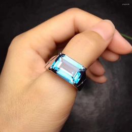 Cluster Rings Gorgeous Big Size 10 14mm Natural Blue Topaz Gem Ring S925 Silver Gemstone Women Men Gift Jewelry