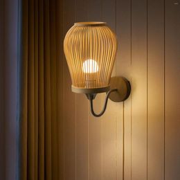 Wall Lamp Bamboo Mounted Sconce Light Vintage Style Lighting E27 Base Decorative Farmhouse For El Study Bedroom Decor