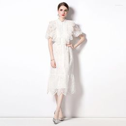 Casual Dresses Summer Runway White Lace Dress Women's Stand Collar Ruffles Flare Sleeve Hollow Out Embroidery Trims Party Vestidos N6661