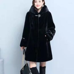 Women's Fur Women's Winter Faux Thick Thermal Black Coat Mid-length Hooded Jacket Large Crystal Button Embellishment