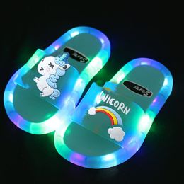 Slipper Boys Girls Lighted Slippers Cute Unicorn Smiling Face Flower Prints Children Slippers Fashion Flat Heels Home Slippers Kids 230530