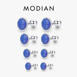 Modian Exquisite 925 Sterling Silver Round Opal Stud Earrings Trendy Beads Screw Ear Studs For Women Anniversary Fine Jewelry