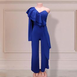 Women's Jumpsuits 2023 Women Female Fashion High Waist Jumpsuit One Shoulder Long Sleeve Elegant Blue Romper Trousers Ladies Pants