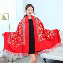 Scarves Luxury Thick Winter Scarf Women Warm Cashmere Plum Embroidery Sun Flower Tassel Shawl Wrap Blanket Hijab Lady Pashmina