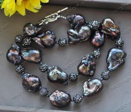 Pendant Necklaces Z12488 23" 30MM BLACK BAROQUE KESHI PEARL CZ BEAD NECKLACE