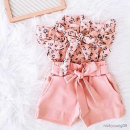 Clothing Sets 1-6Y Fashion Baby Kids Girls Floral Print Shirt Bow Shorts Suit Summer Children Clothes Set