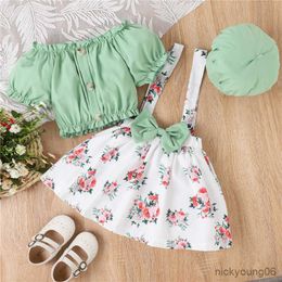 Clothing Sets Kids Girls Summer Outfit Green Short Sleeve Button and Floral Suspender Skirt Hat