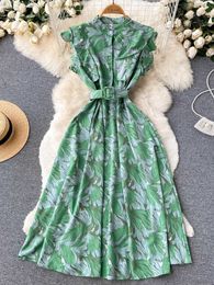 Casual Dresses Summer Women's Fashion Ruffled Sleeveless Slim Fit Belt Flower Print Long Dress Romantic Party Elegant Tank Top P230530