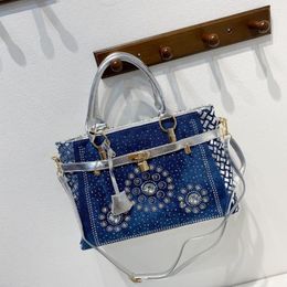 Blue Patchwork Oxford cult gaia rhinestone bag with Crystal Decoration - Fashionable Jean Style Handbag for Women