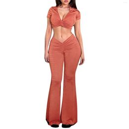 Gym Clothing Women's Collar Ruched T Shirt And Flare Pants Set Pant Suits Snow Women