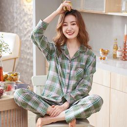 Women's Sleepwear Spring Woven Full Cotton Plaid Lapel Tops Long Pants 2pcs/set Pajamas Set For Women Simple Cardigan Female Pyjamas