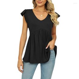 Women's T Shirts Women Ruffle Short Sleeve Shirt Babydoll Loose Hide Belly Tunic Ribbed Peplum