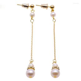 Dangle Earrings Silver 925 Long Gourd-shape Genuine Cultured Freshwater Pearl (7mm White Round Pearls)