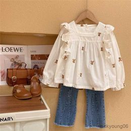 Clothing Sets Baby Girls Set 2023 Spring and Autumn New Children's Fashionable Little Bear Long Sleeve Shirt Jeans 2PCS