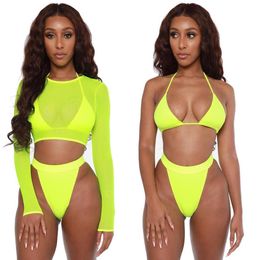 Swimwear 2022 Neon Yellow Crop Top Swimwear Women Summer Sexy Beachwear Mesh Long Sleeve Cover Ups Top Three Piece Swimsuit Bikini Set