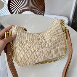 2023 Summer Straw Shoulder Bag For Woman Braid Luxury Designer Handbag Gold Chain Fashion Beach Shoulder Bags Underarm Zipper Purse