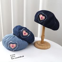 Berets Summer Sweet Pink Love- Denim Beret Hat Women Big Cloud Retro Versatile Temperament Cotton Washed Cap