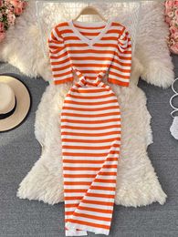 Casual Dresses Limited is a big seller of clothing. Summer elegant fluffy sleeves striped knitted long dresses women's bags Hips Bodycon Vestidos P230530