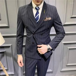 Men's Suits Striped Men's 3 Pieces Double Breasted Peaked Lapel Business Clothing Slim Fit Groom Wedding Prom Dress Blazer Sets