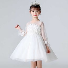 Платья для девочек, осеннее милое платье с сетчатыми рукавами и цветочной вышивкой для маленьких девочек, платье принцессы с цветами, детская одежда