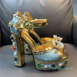 Designer sandal Women Thick High Heels Shoes Platform Sandals for Rhinestone Gold Leather Woman Peep Toe Wedding