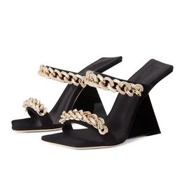 Square Toe Women Slippers High Heel Wedges Ladies Chains Gladiator Sandals Summer Prom Dress Shoes Black Sexy Mules Big Size