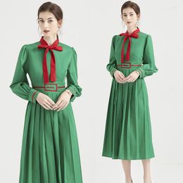 Casual Dresses Women Office Stylish Green Color Work Midi Long Fashion Block Spring Summer A Line Dress Vintage Robes D870