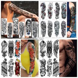 Tattoos 50Piece/Set Wholesale Full Arm Temporary Tattoo Stickers Waterproof Male Female Lion Tiger Skull Flower Arm Art Cool Fake Tattoo