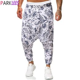 Pants Mens Floral Print Harem Baggy Genie Boho Pants Cotton Linen Yoga Drop Crotch Joggers Sweatpants Hip Hop Streetwear Trousers 5XL