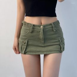 Skirts DEEPTOWN Denim Cargo Mini Skirt Women Korean Style Low Waist Slim Sexy Vintage Streetwear Green Jean Y2k Girl Summer