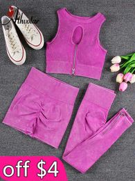 Women's Tracksuits ATHVOTAR 1/2/3/4-piece zippered ribbed set women's sports fitness seamless track and field suit P230531