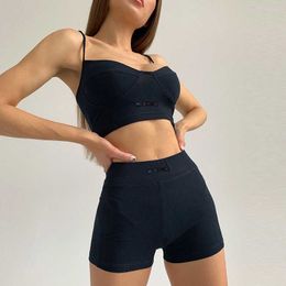 Tracksuits 2022 Fashion 2-piece Sports Sexy Ribbed Knitted Women's Yoga Fitness Summer Leisure Set Low Cut Top Bra+Bicycle Shorts P230531