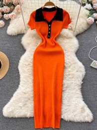 Dresses Hot Selling Women's Wear 2022 Early Autumn Short Sleeve Ultra Thin Knitted Sweater Casual Polo Button Summer Long Dress P230530