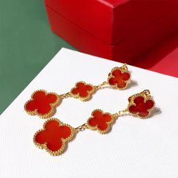 Red Jade Chalcedony Flower and Grass Earrings Women's Vintage Charm Pendant Long High Quality Light Luxury Jewelry