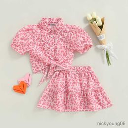 Clothing Sets Girls Clothes Summer Pink Outfit Leopard Print Short Puff Sleeve Shirt Crop and Ruffle A-line Skirt for 3-8 Years