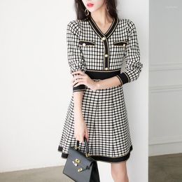 Casual Dresses #1025 Autumn Winter Plaid Sweaters Dress Women V-neck Buttons High Waisted Vintage Mini A-line Knitted Slim Korean Style