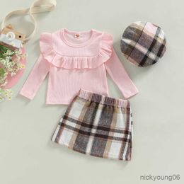 Clothing Sets Fashion Children Baby Girl Autumn Long Sleeve Ruffle TopsandPlaid A-line SkirtandHat Knit Kids Outfits