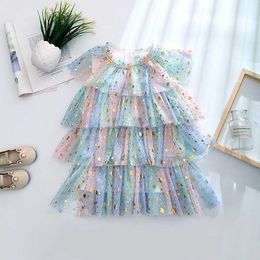 Girl's Dresses 2-8T Toddler Kids Girls Colour Dress Rainbow Star Print Mesh Pullover Dress Summer Sleeveless Layered Princess Cake Dress AA230531