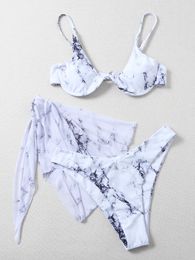 Swimwear Women Push Up Bra Underwire 3 Piece Swimsuit Brazilian Beach Bathing Suit Swimwear Swimming Suits Sexy Marble Print Bikini 2022