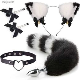 Adult Toys New 4pcs Cute Fox Tail Anal Plug Cat Ears Headbands Nipple Clip Neck Collar Set Erotic Cosplay Sex Toys for Women for Couples L230518