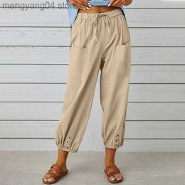 Women's Pants Capris Women Cotton Linen Ankle-Length Pants Summer Solid Colour Elastic Waist Loose Trousers Female Vintage Casual Pockets Cargo Pants T230531
