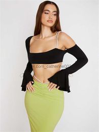 Women's T-Shirt Long Butterfly Sleeve Asymmetrical Solid Women Clothing Backless Brassiere Wrap T Shirts Summer Black Temperament Drawstring Top T230531